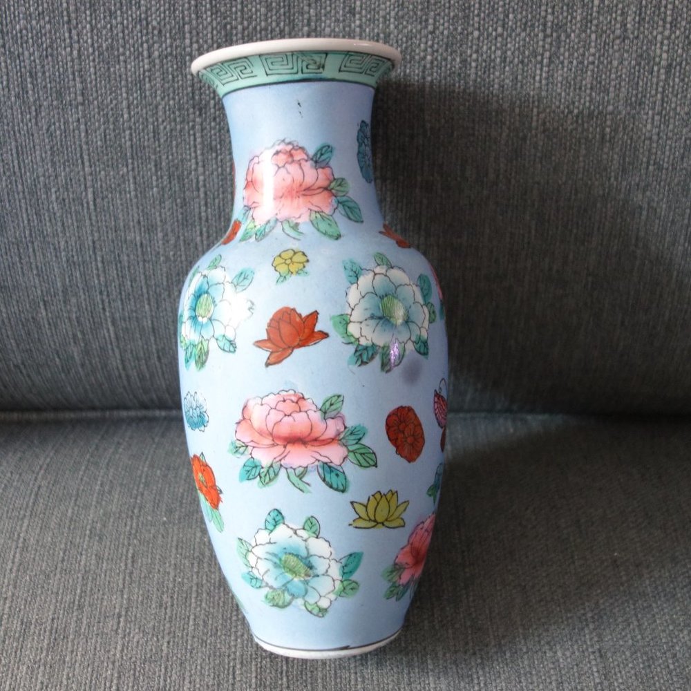 Blue Vase with Flowers and Butterflies